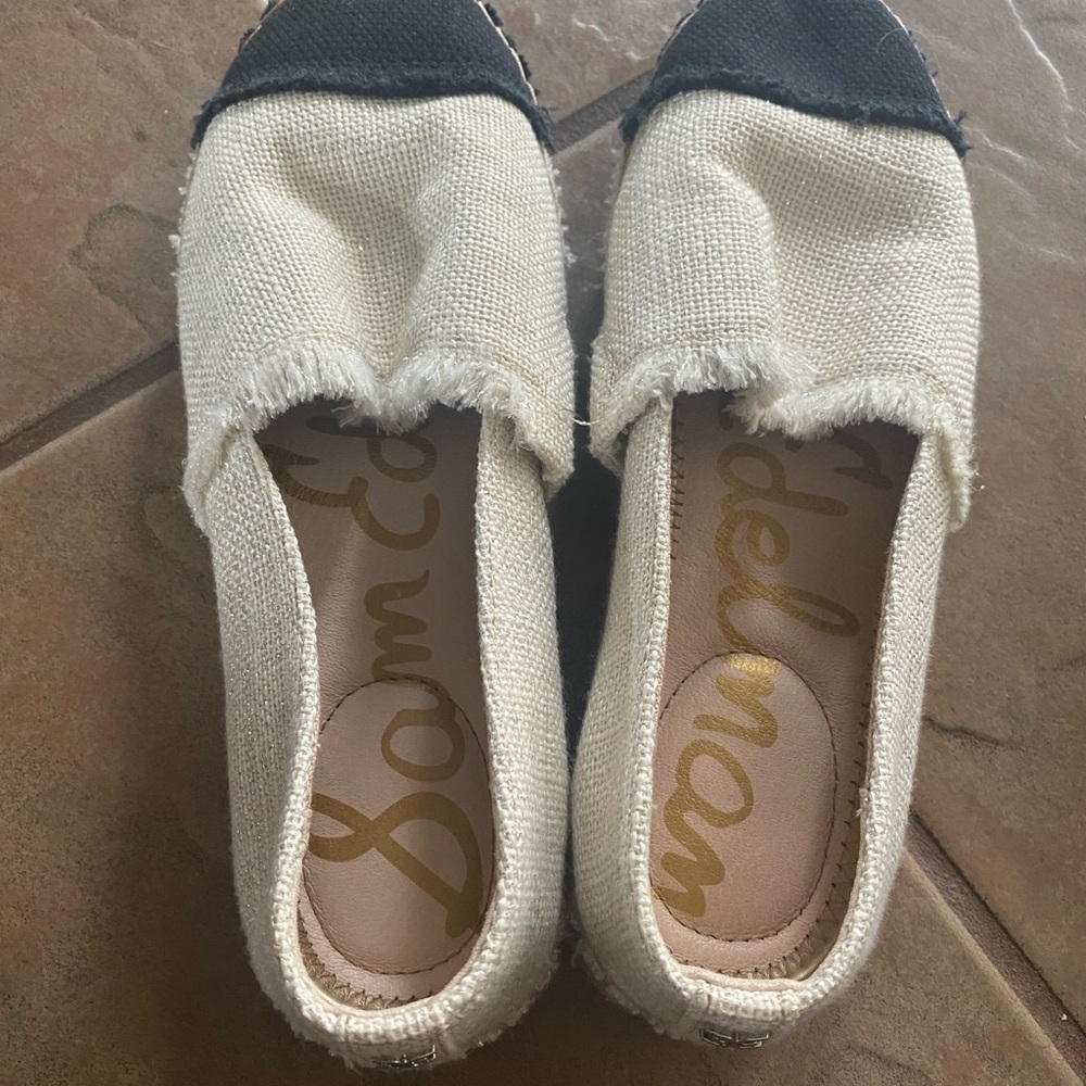 Cream and black linen espadrilles